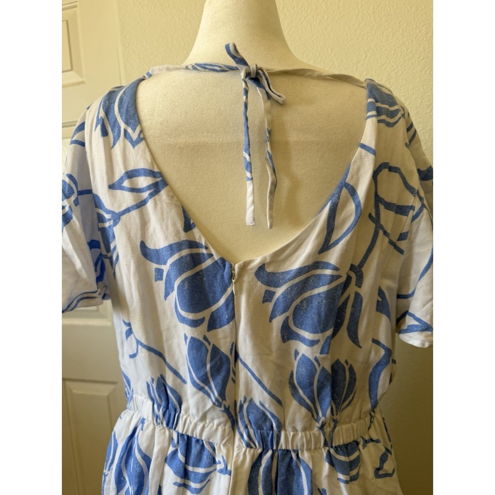 Lane Bryant Womens Plus Size 22 Blue White Floral Linen Fit Flare Dress Boatneck - Picture 5 of 16